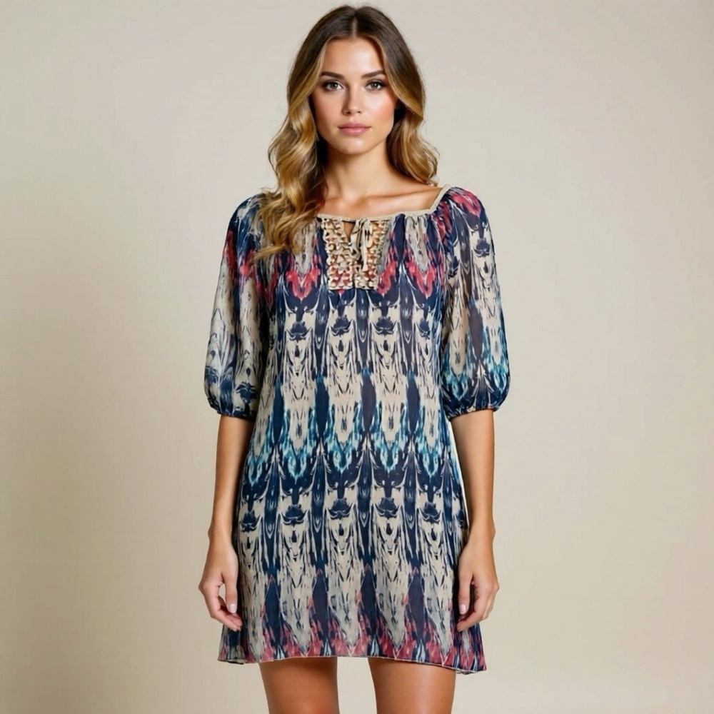 Marina Gigli Made in Italy 100% Silk Dress Tunic Lined Size S Balloon Sleeve